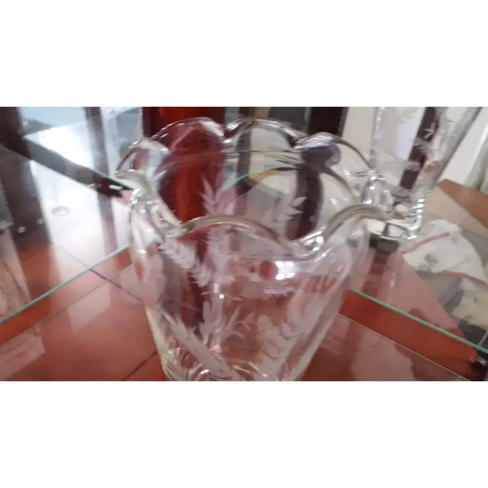 Hand Blown Clear Vase Etched Wheat Pattern‎ Initial A Ribbon Rim 9” Vintage